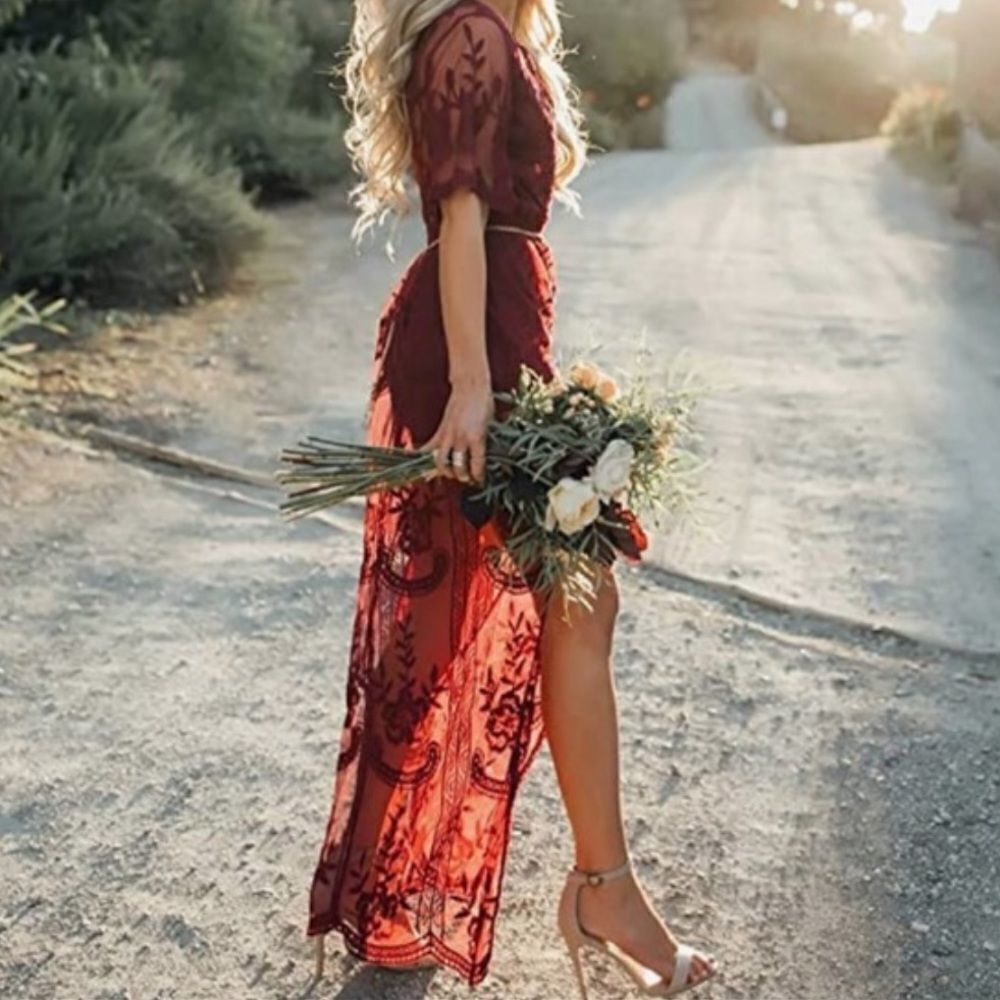 ✨ HP✨Maroon wine red maxi dress with lace overlay✨